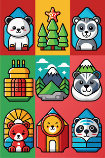 可爱动物与建筑风景插画