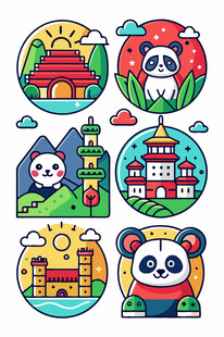 熊猫主题的多彩地标插画
