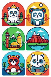 动物与地标卡通图案集合