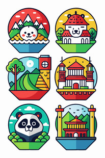 多彩地标与萌趣动物图标集