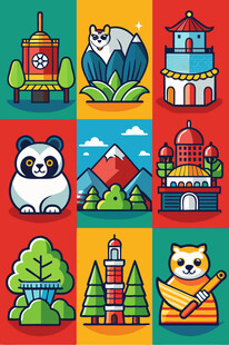 多彩亚洲元素动物插画图