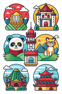 亚洲地标建筑与动物图标
