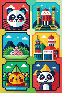 可爱熊猫与多样风景图案