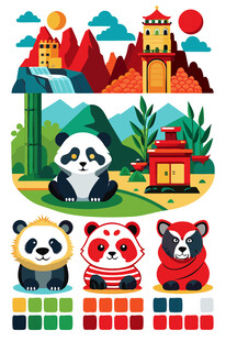 熊猫等动物的欢乐中国风场景