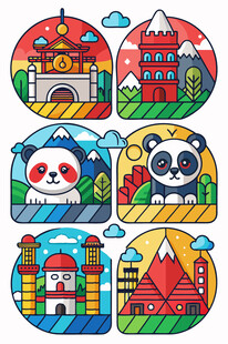 可爱卡通风城市与动物图标