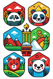 可爱动物与地标图标集合