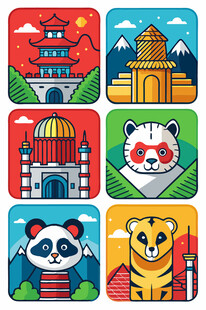 中国风动物与建筑图标集