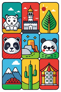 可爱动物与风景图标集合