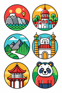 中国特色景点与熊猫图标集