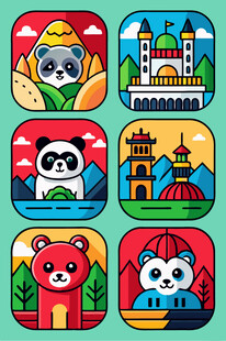 动物与建筑卡通图标集合