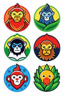 多彩猴子卡通图标集合