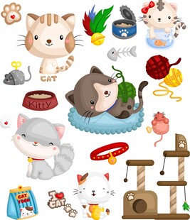 可爱猫咪与宠物用品插画