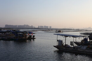 河畔停泊的船只与城市远景