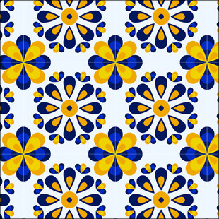蓝黄花卉图案瓷砖纹理
