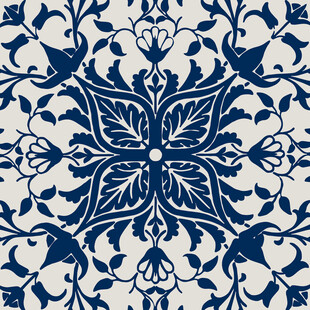 蓝白花卉图案瓷砖纹理