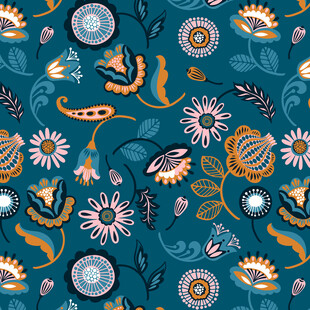 蓝底多彩花卉植物图案