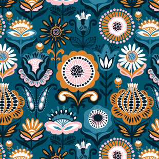 蓝底多彩花卉几何图案