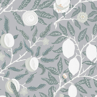 浅灰底柠檬枝叶花卉图案