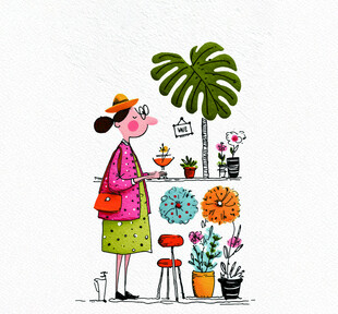 女子置身多彩盆栽间赏景