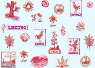 手绘粉色植物动物图案元素