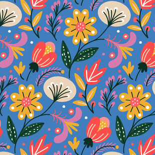 蓝色背景多彩花卉图案