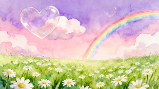 梦幻花田上的彩虹与云朵