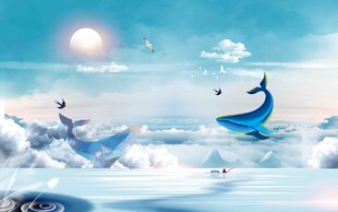 梦幻海洋中的鲸鱼与飞鸟