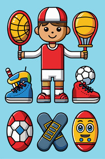 运动少年与多样体育用品