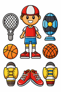 运动男孩与各类球及装备