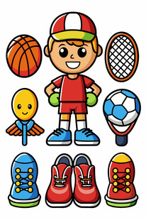 运动男孩与多样运动装备