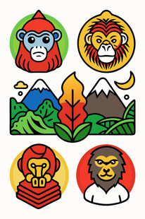 多彩猴元素与自然景观图案