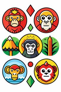 多彩猴子卡通图标集合