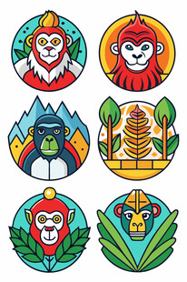 多彩猴子与自然元素图标