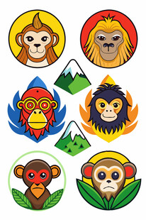 多彩猴子动物主题徽章图案