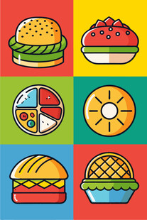 多彩美味快餐图标集合