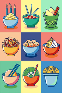 多彩美食碗具插画集合