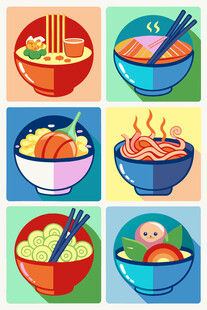 多彩卡通风格美味面条插画