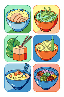 多彩面食与餐食图标集