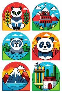 熊猫主题地标插画图案