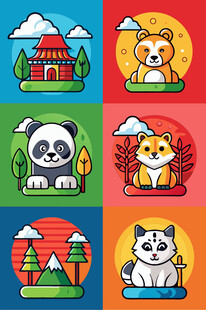可爱动物与中国元素插画
