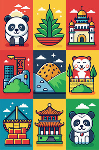 多彩城市与萌宠图案集合