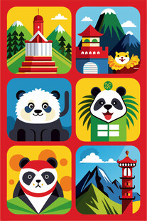 熊猫主题多彩风景图标集
