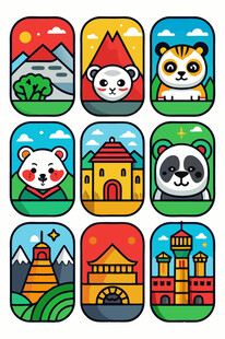 可爱动物与地标建筑图标集