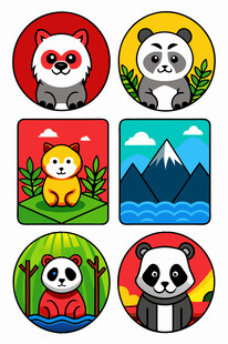 熊猫主题多彩圆形插画