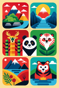 动物与风景的多彩插画