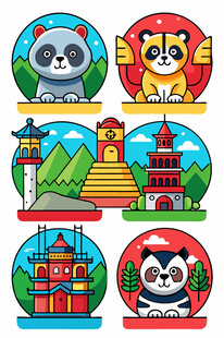 可爱动物与标志性建筑插画