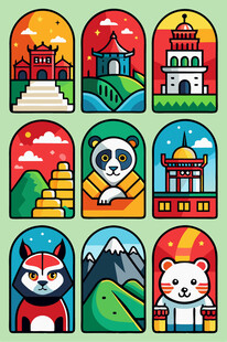 各国特色建筑与动物卡通图