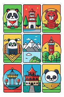 各国特色元素与熊猫插画