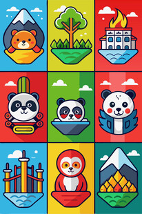 可爱动物与地标插画集合