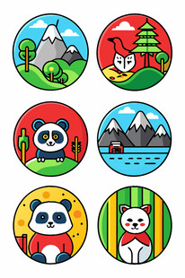 可爱动物与风景圆形插画
